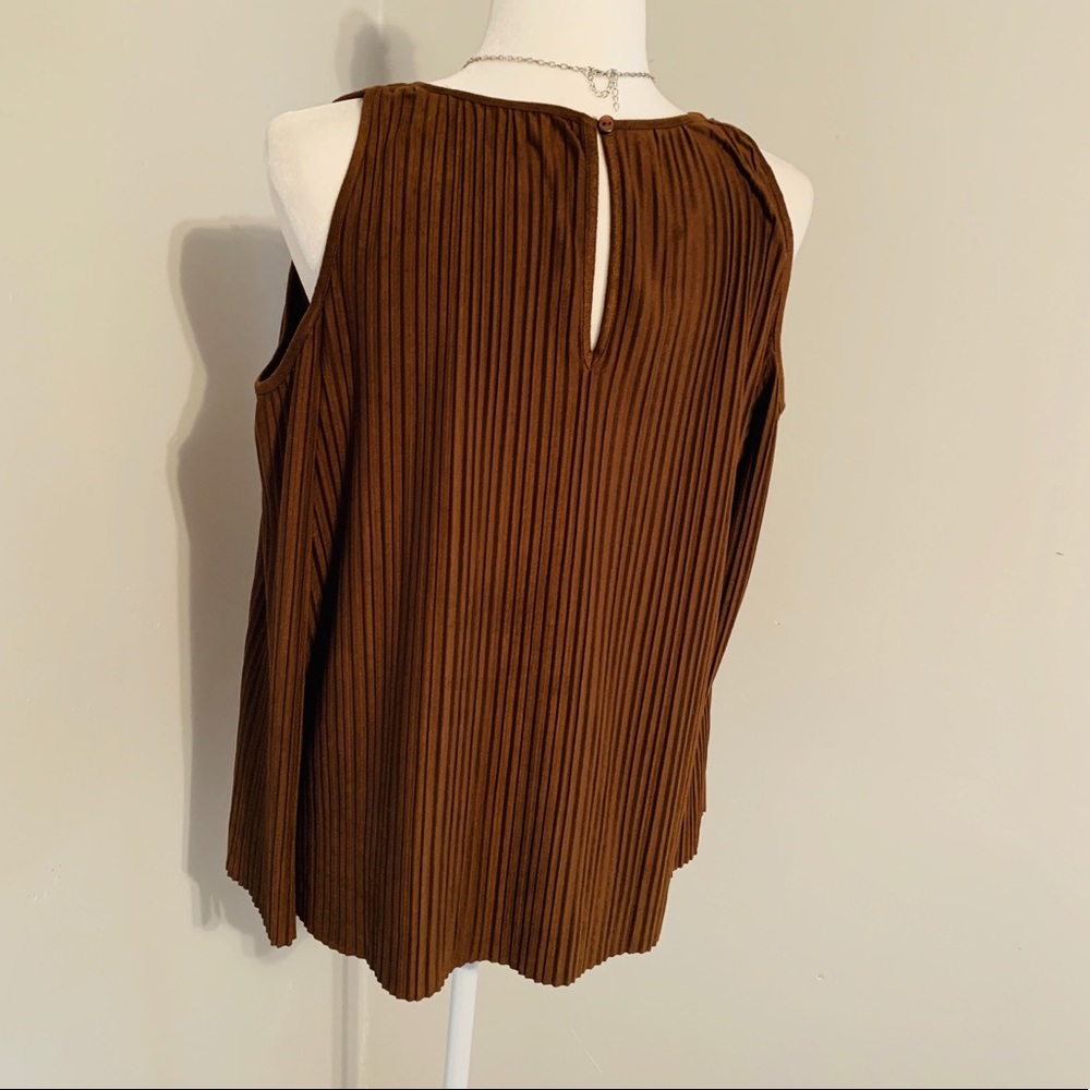 Chico Brown Pleated Faux-Suede Cold Shoulder Top - Picture 6 of 8